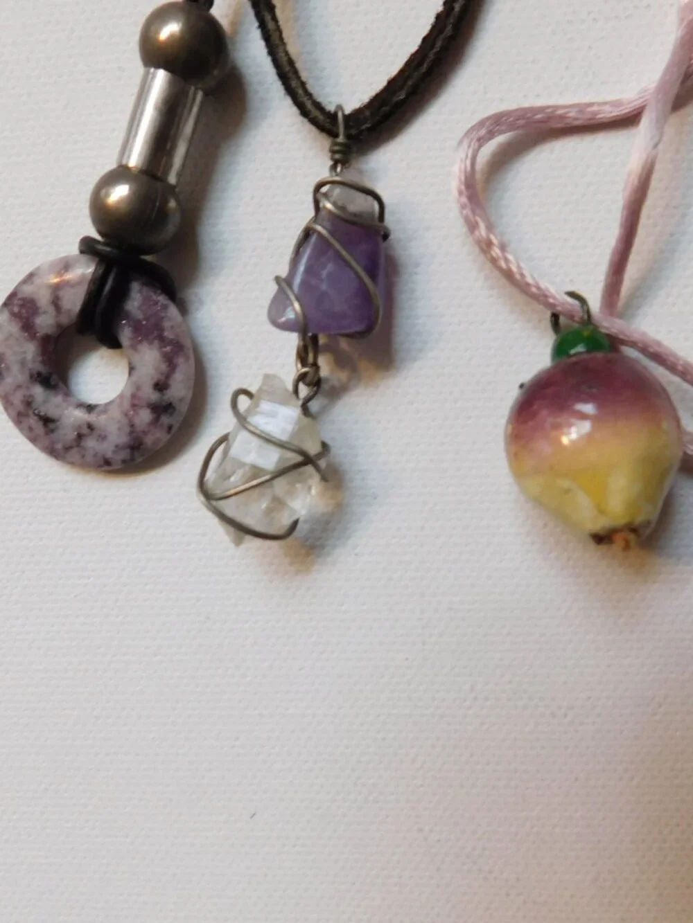 Boho Natural Stone Cord Necklace Lot 3pc Amethyst Quartz Ceramic Suede Choker